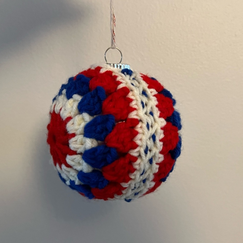 Crocheted Christmas bauble red white and blue